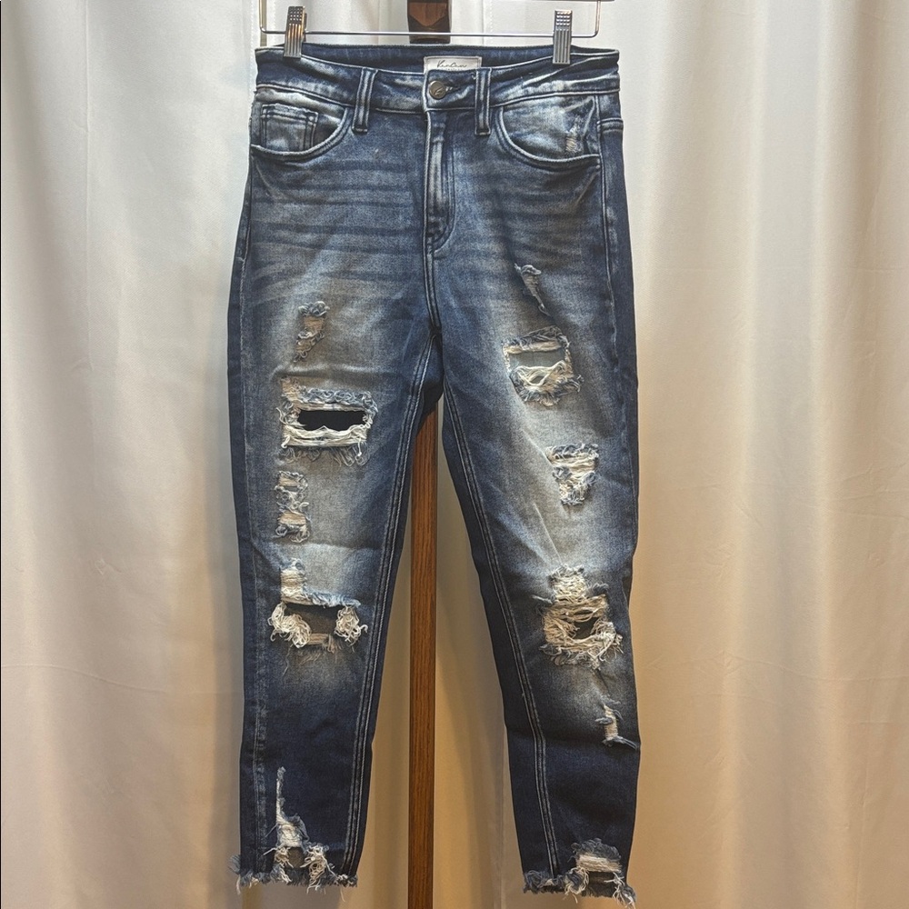KanCan Signature Dark Blue Distressed Kurvy Mid Rise Ankle Skinny Jeans Size 27